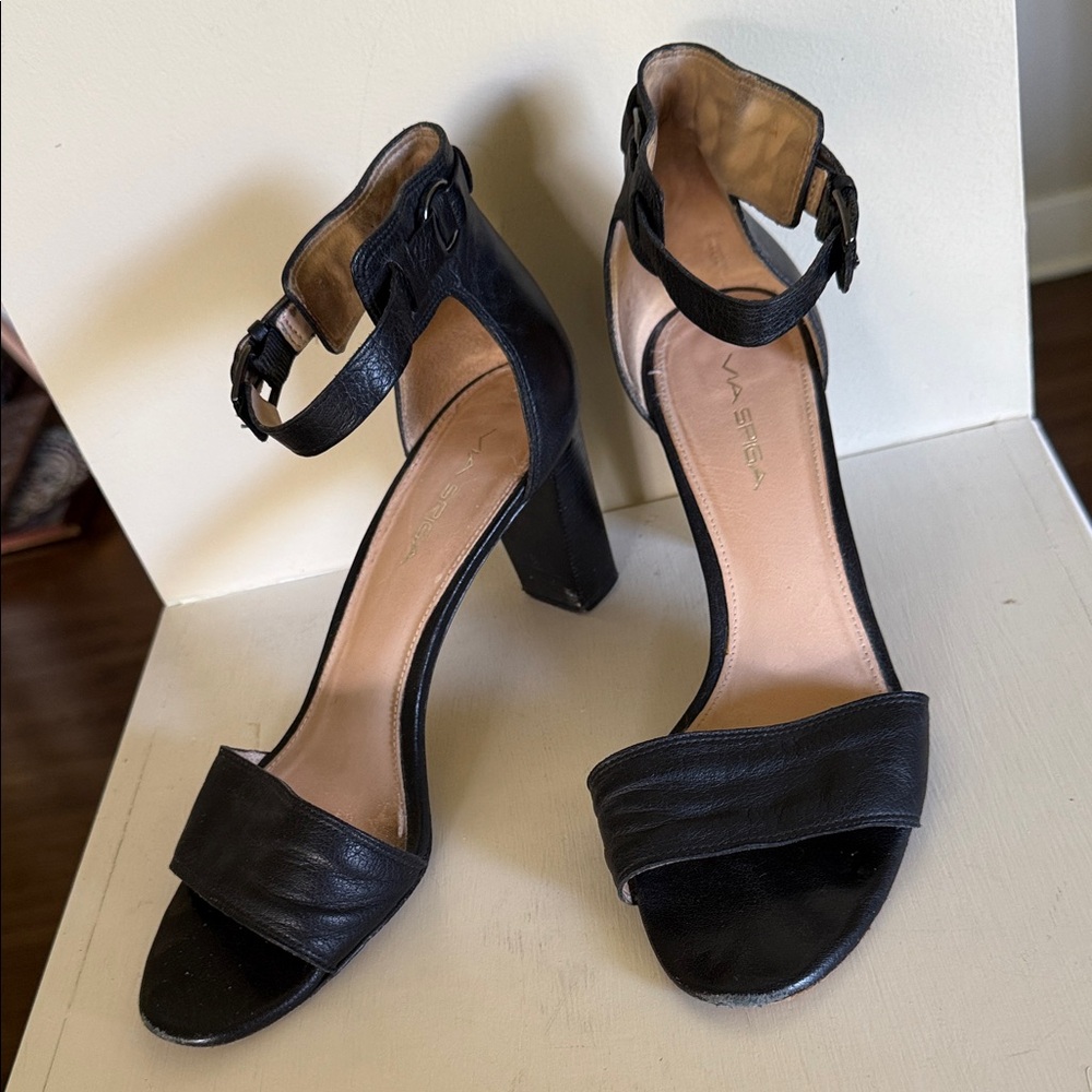 Black LeatherVia Spiga ankle strap Women's stack Heels